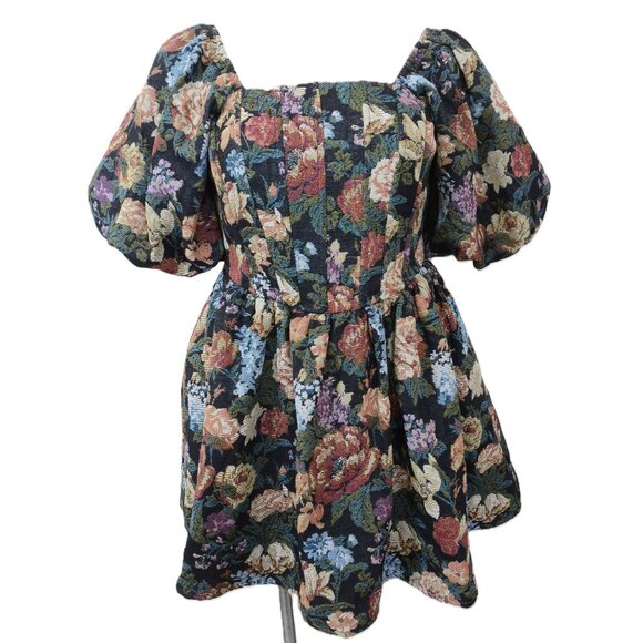 BOHME LaRuth Floral Brocade Short Puff Sleeves Pockets Smocked Mini Dress Size L - Picture 3 of 16